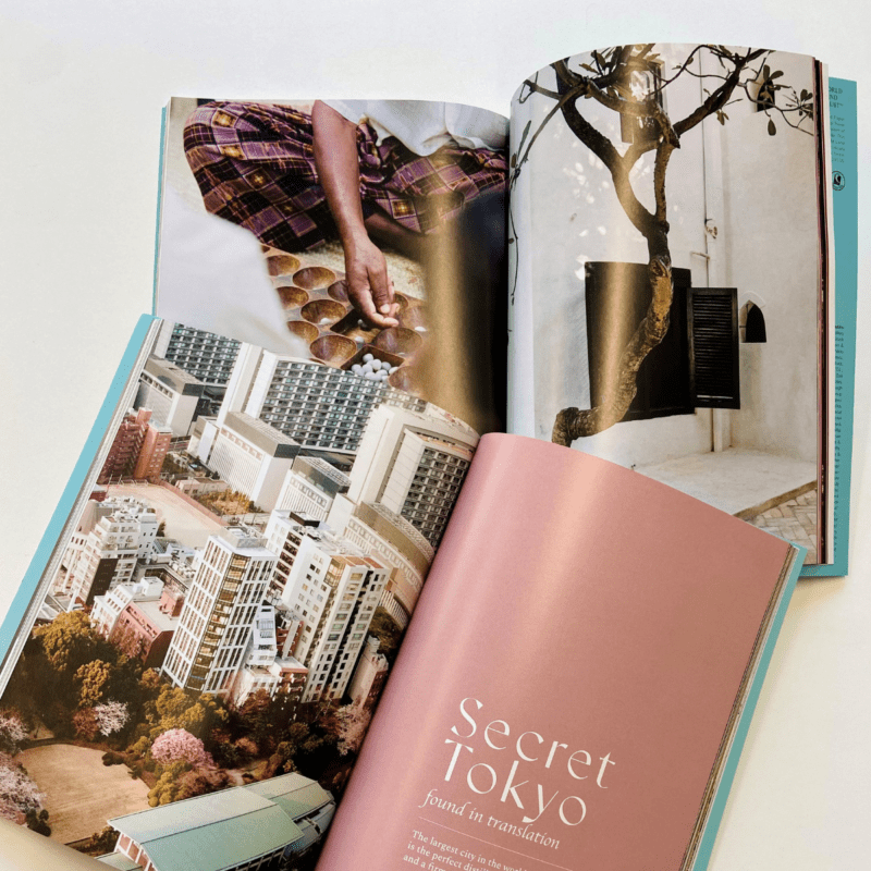 Image of two magazines opened and showing travel images.