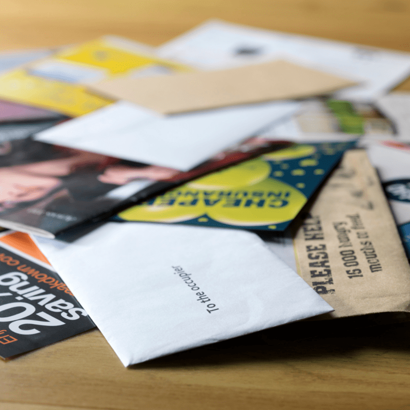 A pile of direct mail letters and leaflets.