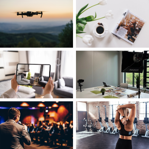 A selection of photographs in six squares; a drone flying with a sunset in the background, a flatlay of a magazine, coffee in a cup and flowers, a person holding an ipad taking a video tour of a living room, a desk set up with photography equipment, a man holding a microphone speaking to a crowd of people, a woman stretching wearing gym wear and standing in a gym.